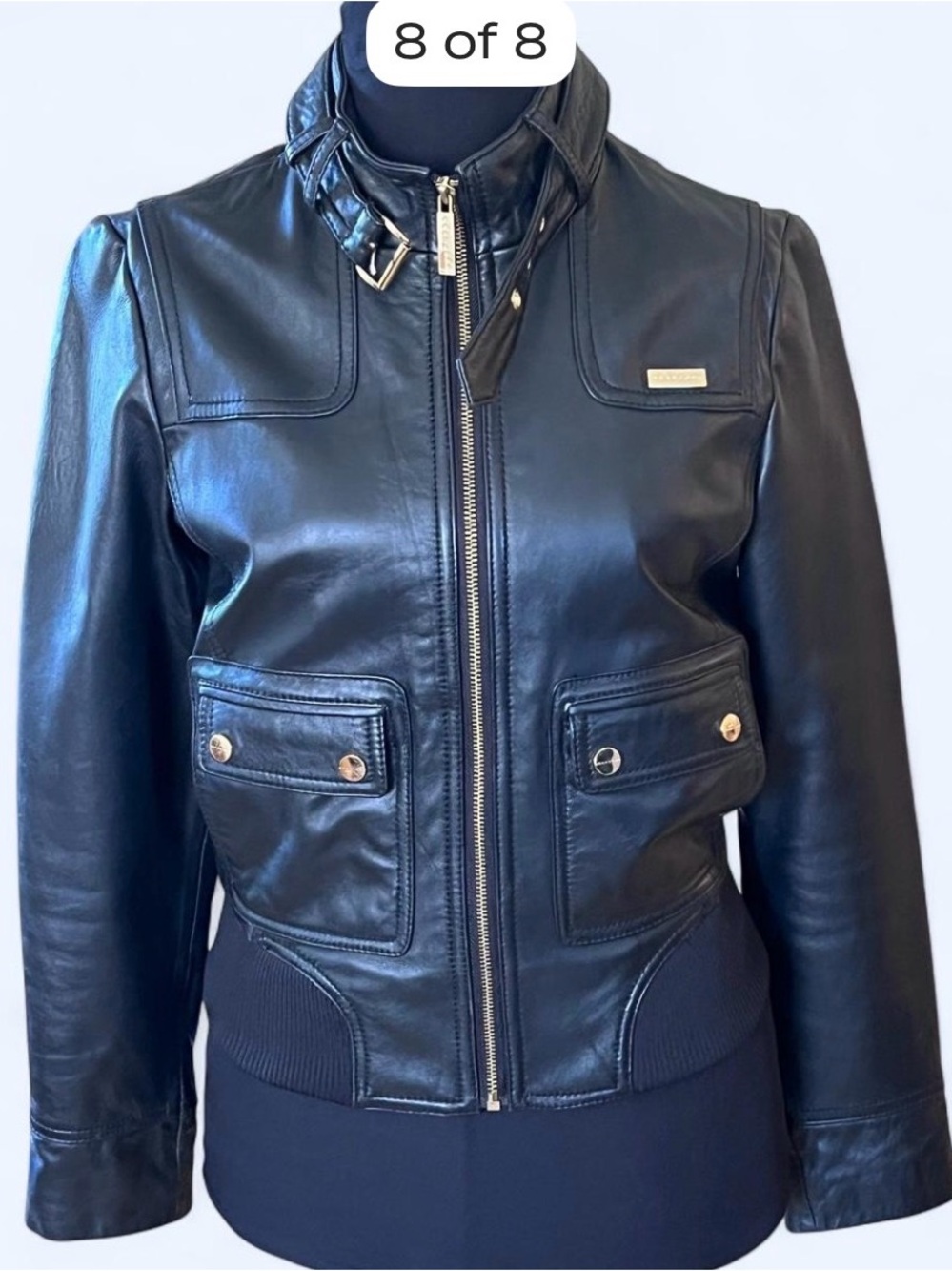 Sean John Black Lambskin Leather Jacket with Gold Hardware, Small